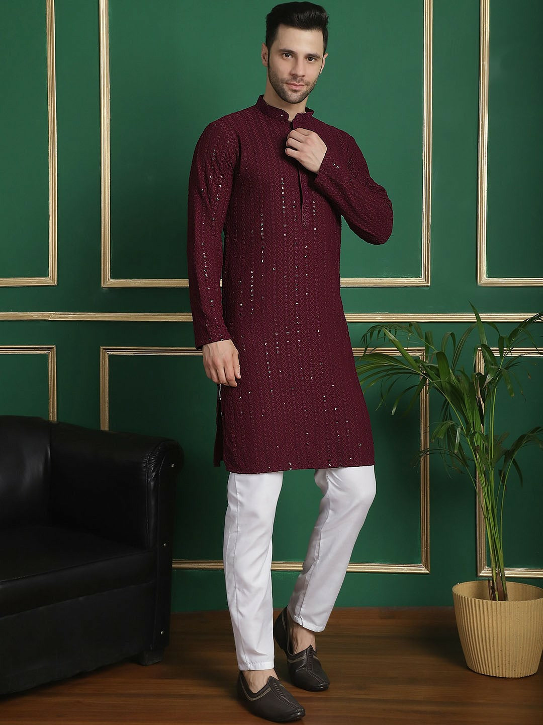 Embroidered Regular Sequinned Purple Kurta Set with Pyjamas for Men - Indiaista