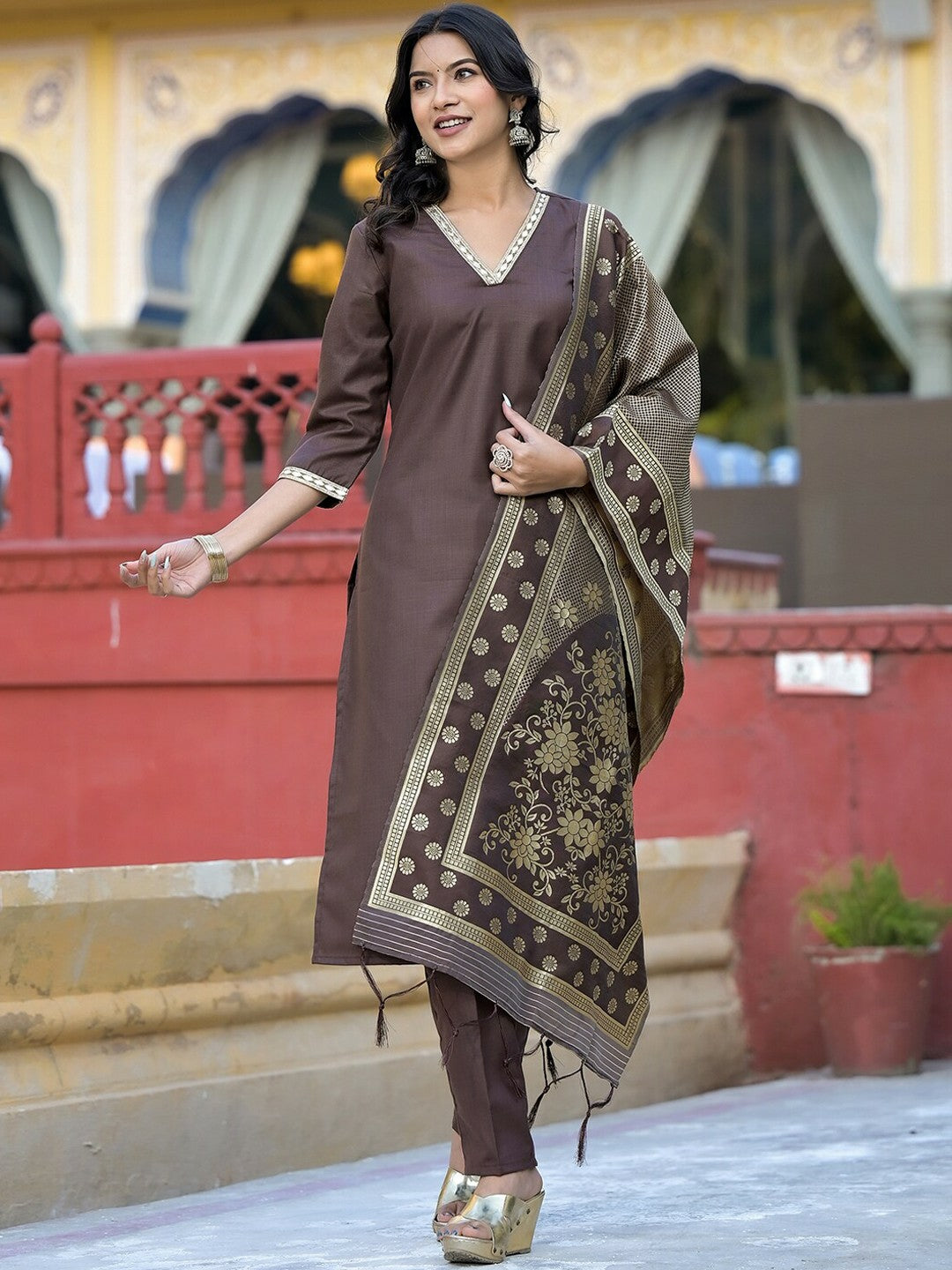 Women Brown & Gold-Toned V-Neck Kurta Set with Trousers & Dupatta - Stylish Ethnic Wear | Indiaista