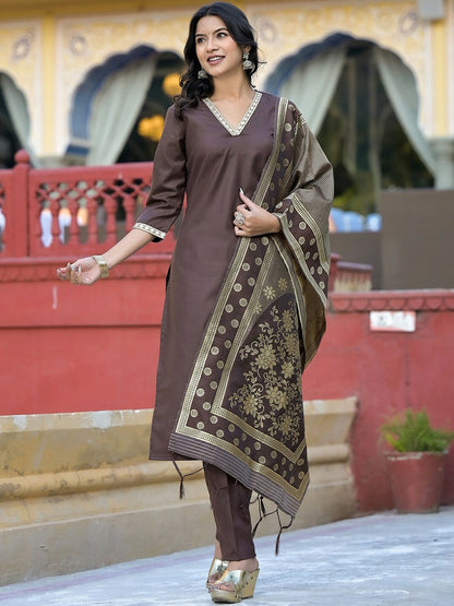 Women Brown & Gold-Toned V-Neck Kurta Set with Trousers & Dupatta - Stylish Ethnic Wear | Indiaista