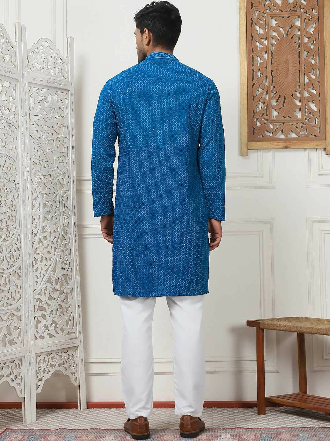 Men Floral Embroidered Sequinned Pure Cotton Kurta Set with Pyjamas – Blue Kurta with Pockets, Mandarin Collar & Elasticated Pyjamas