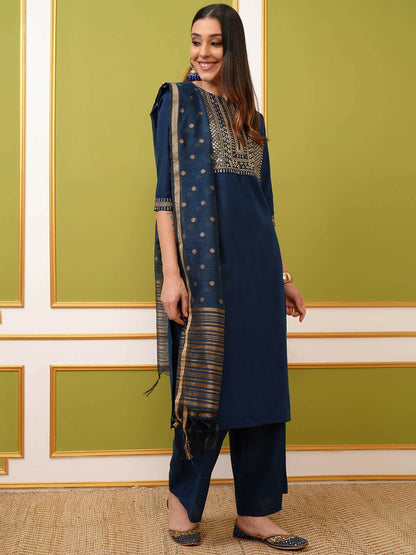 Teal Green & Gold Toned Ethnic Motifs Yoke Kurta Set with Palazzos & Dupatta - Shop Now at Indiaista