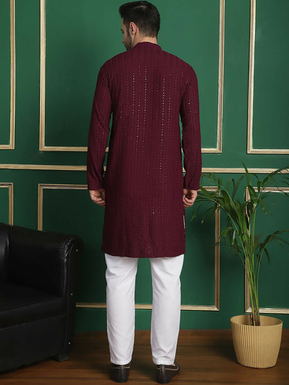 Embroidered Regular Sequinned Purple Kurta Set with Pyjamas for Men - Indiaista