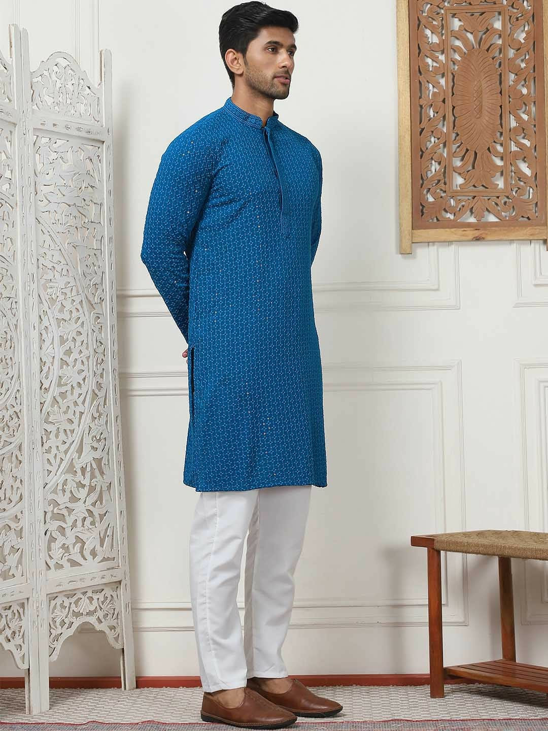 Men Floral Embroidered Sequinned Pure Cotton Kurta Set with Pyjamas – Blue Kurta with Pockets, Mandarin Collar & Elasticated Pyjamas