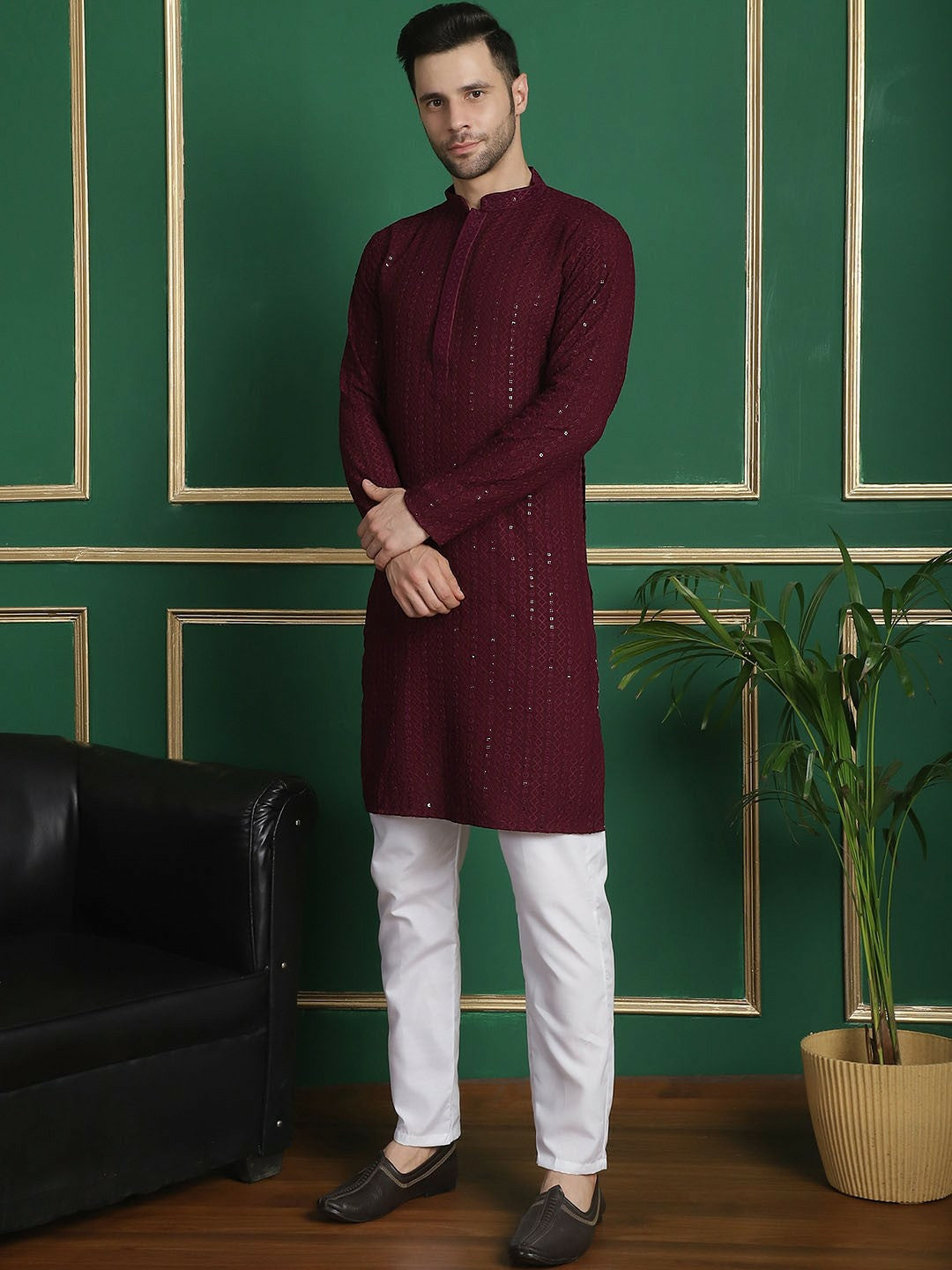 Embroidered Regular Sequinned Purple Kurta Set with Pyjamas for Men - Indiaista