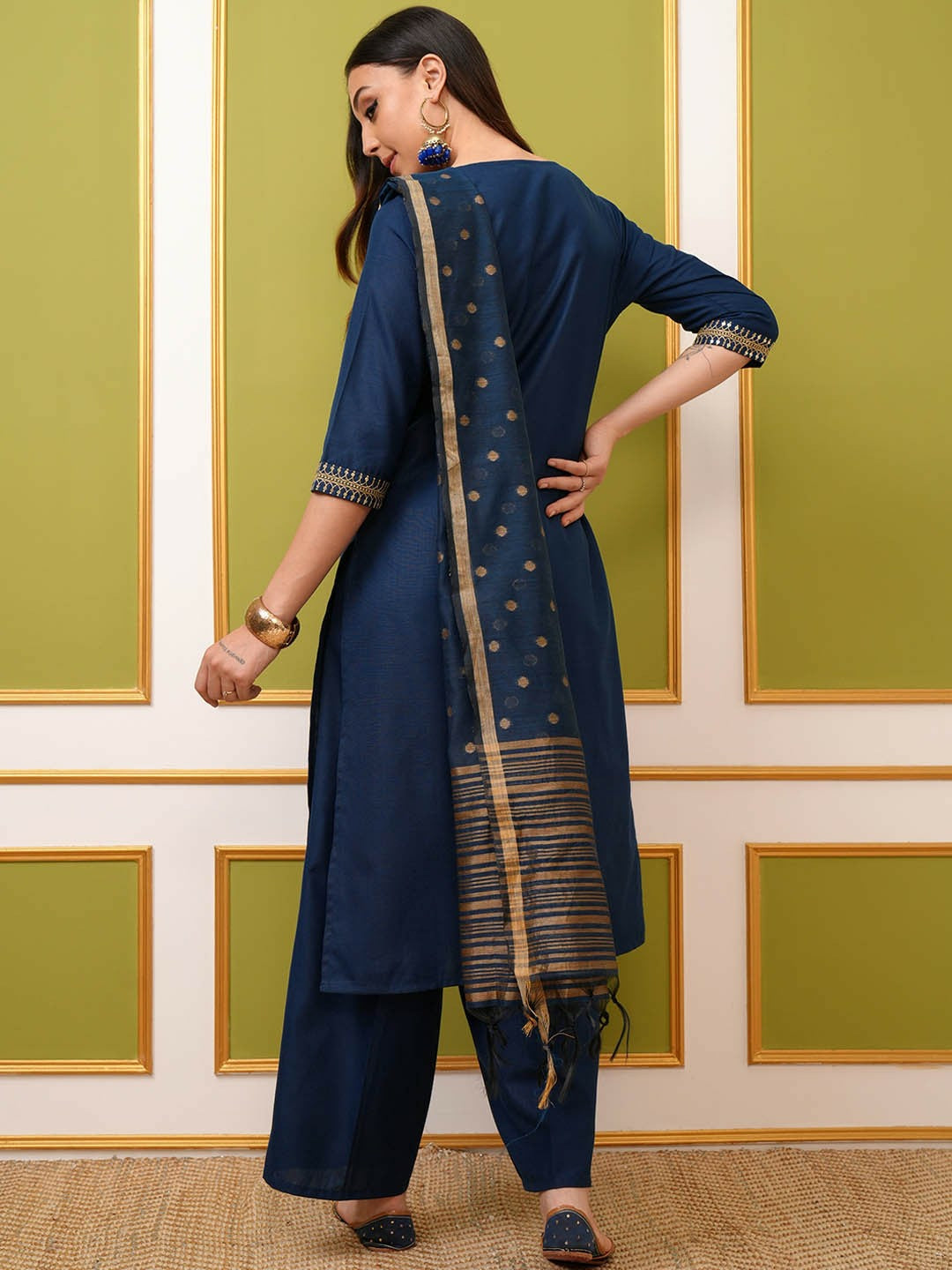 Teal Green & Gold Toned Ethnic Motifs Yoke Kurta Set with Palazzos & Dupatta - Shop Now at Indiaista