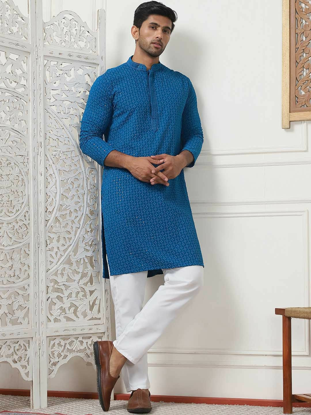 Men Floral Embroidered Sequinned Pure Cotton Kurta Set with Pyjamas – Blue Kurta with Pockets, Mandarin Collar & Elasticated Pyjamas