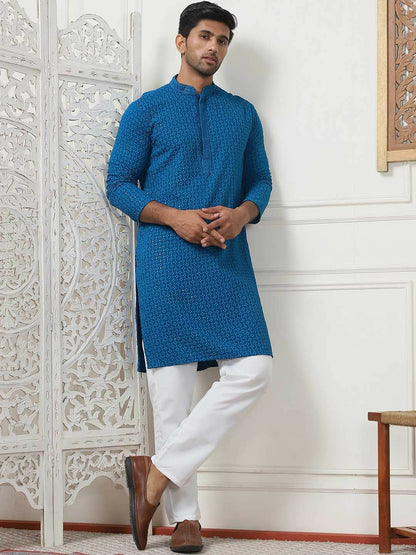 Men Floral Embroidered Sequinned Pure Cotton Kurta Set with Pyjamas – Blue Kurta with Pockets, Mandarin Collar & Elasticated Pyjamas