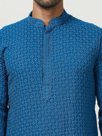 Men Floral Embroidered Sequinned Pure Cotton Kurta Set with Pyjamas – Blue Kurta with Pockets, Mandarin Collar & Elasticated Pyjamas