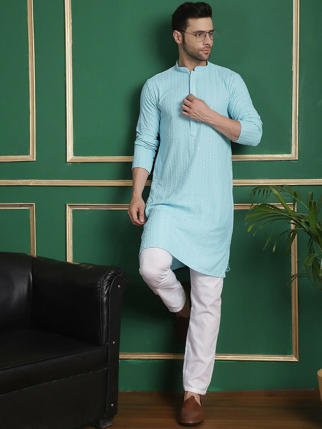 Buy Blue Ethnic Embroidered Straight Kurta with Pyjamas for Men - Stylish & Comfortable | Indiaista.com