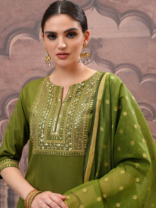 Buy Olive Green Ethnic Embroidered Kurta Set with Palazzo & Dupatta for Women - Indiaista