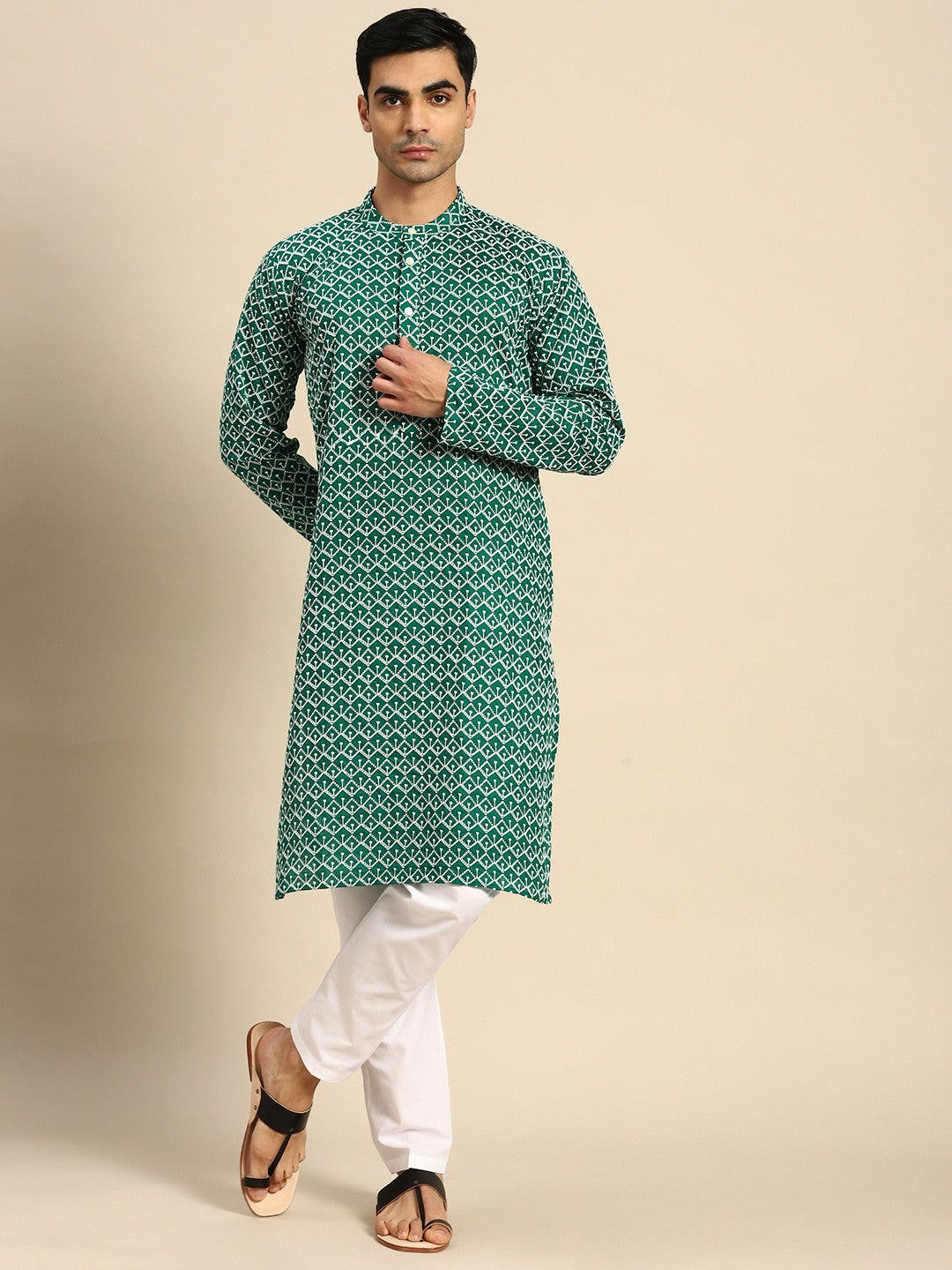 Buy Men’s Embroidered Chikankari Kurta with Pyjamas - Green | Indiaista