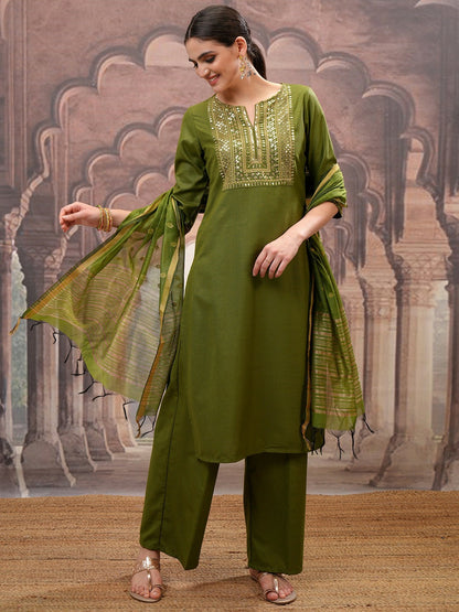 Buy Olive Green Ethnic Embroidered Kurta Set with Palazzo & Dupatta for Women - Indiaista