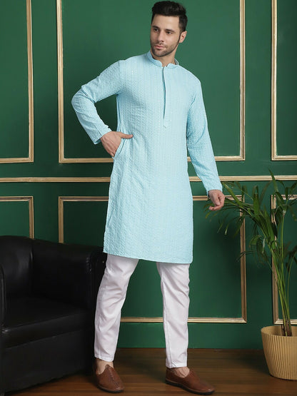 Buy Blue Ethnic Embroidered Straight Kurta with Pyjamas for Men - Stylish & Comfortable | Indiaista.com