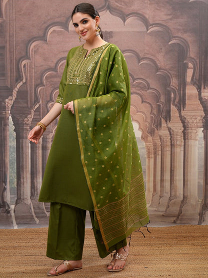 Buy Olive Green Ethnic Embroidered Kurta Set with Palazzo & Dupatta for Women - Indiaista