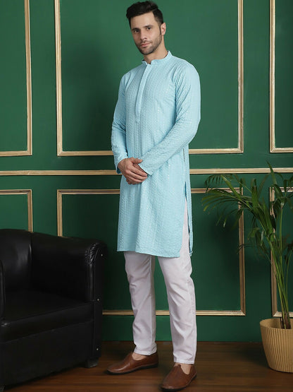 Buy Blue Ethnic Embroidered Straight Kurta with Pyjamas for Men - Stylish & Comfortable | Indiaista.com