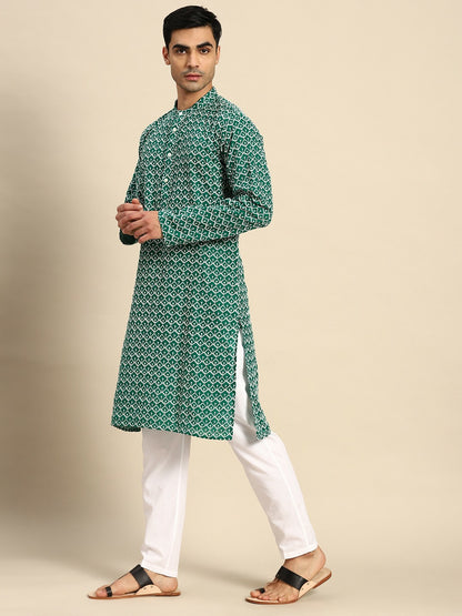 Buy Men’s Embroidered Chikankari Kurta with Pyjamas - Green | Indiaista