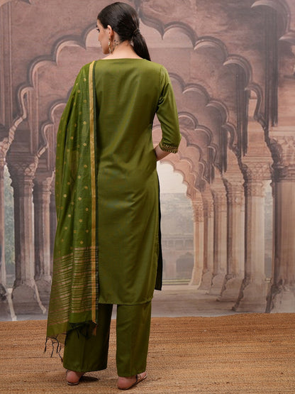 Buy Olive Green Ethnic Embroidered Kurta Set with Palazzo & Dupatta for Women - Indiaista