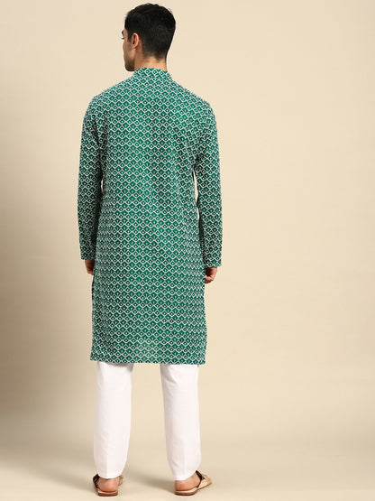 Buy Men’s Embroidered Chikankari Kurta with Pyjamas - Green | Indiaista