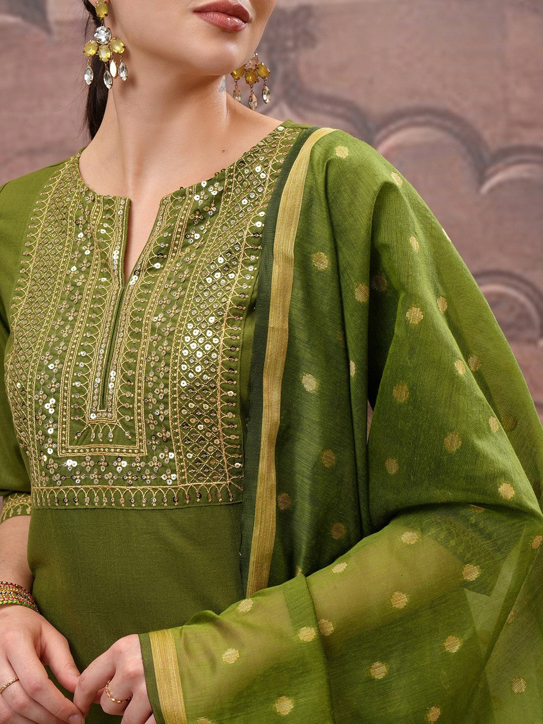 Buy Olive Green Ethnic Embroidered Kurta Set with Palazzo & Dupatta for Women - Indiaista