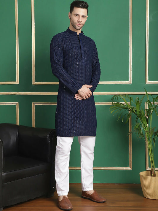 Buy Navy Blue Geometric Embroidered Sequinned Kurta with Pyjamas Online | Indiaista