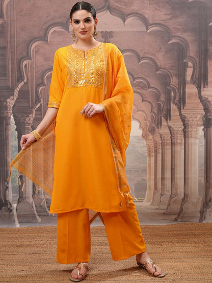 Buy Women Yellow Floral Embroidered Kurta with Palazzo & Dupatta - Mirror Work | IndiaIsta