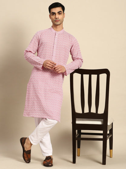 Buy Men’s Embroidered Chikankari Kurta with Pyjamas - Pink | Indiaista