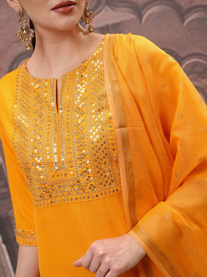 Buy Women Yellow Floral Embroidered Kurta with Palazzo & Dupatta - Mirror Work | IndiaIsta