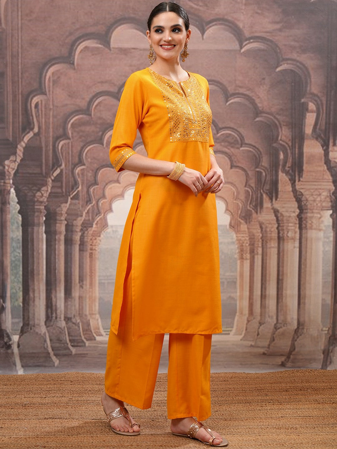 Buy Women Yellow Floral Embroidered Kurta with Palazzo & Dupatta - Mirror Work | IndiaIsta