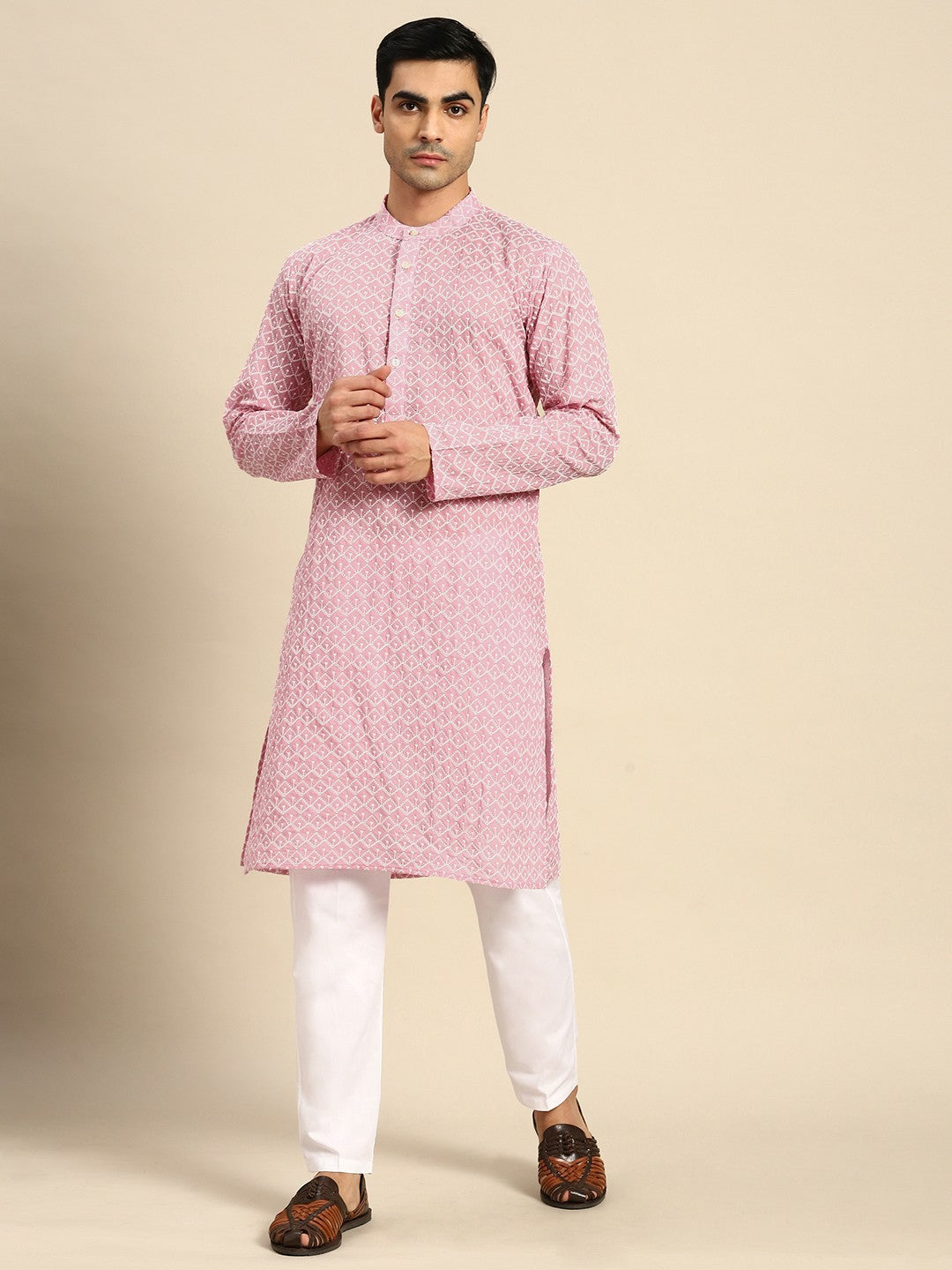 Buy Men’s Embroidered Chikankari Kurta with Pyjamas - Pink | Indiaista