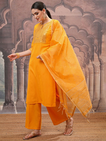 Buy Women Yellow Floral Embroidered Kurta with Palazzo & Dupatta - Mirror Work | IndiaIsta