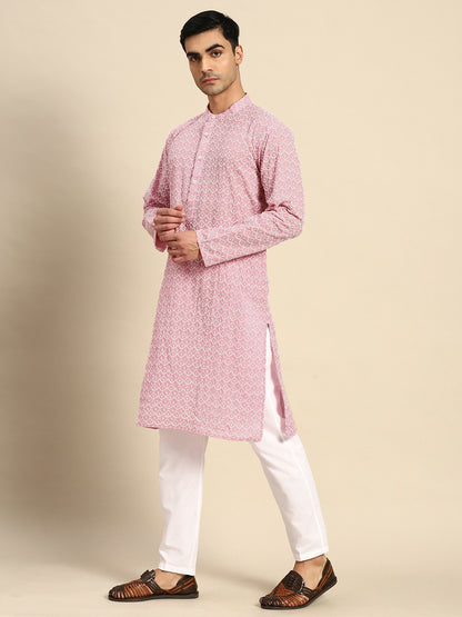 Buy Men’s Embroidered Chikankari Kurta with Pyjamas - Pink | Indiaista