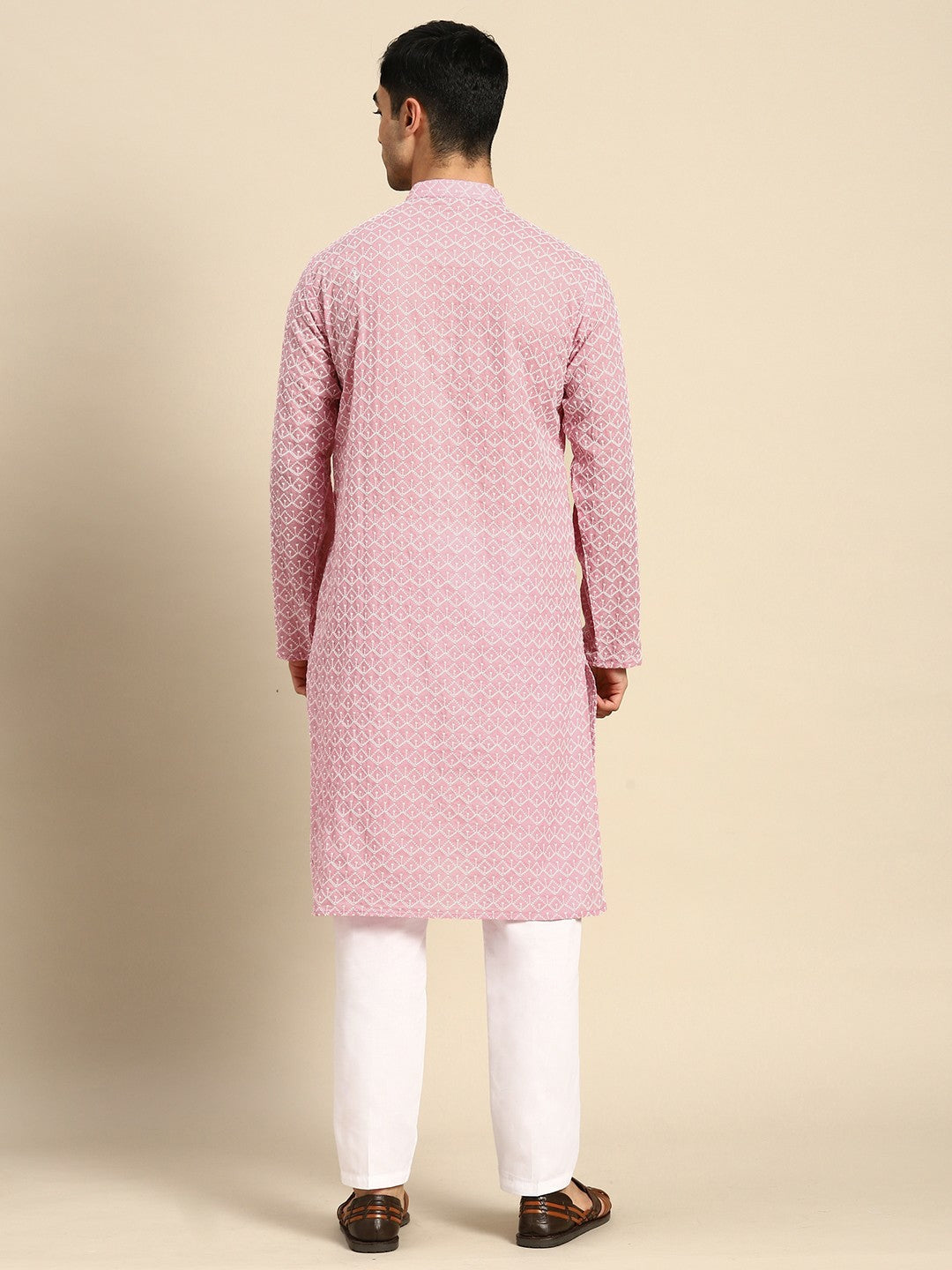 Buy Men’s Embroidered Chikankari Kurta with Pyjamas - Pink | Indiaista