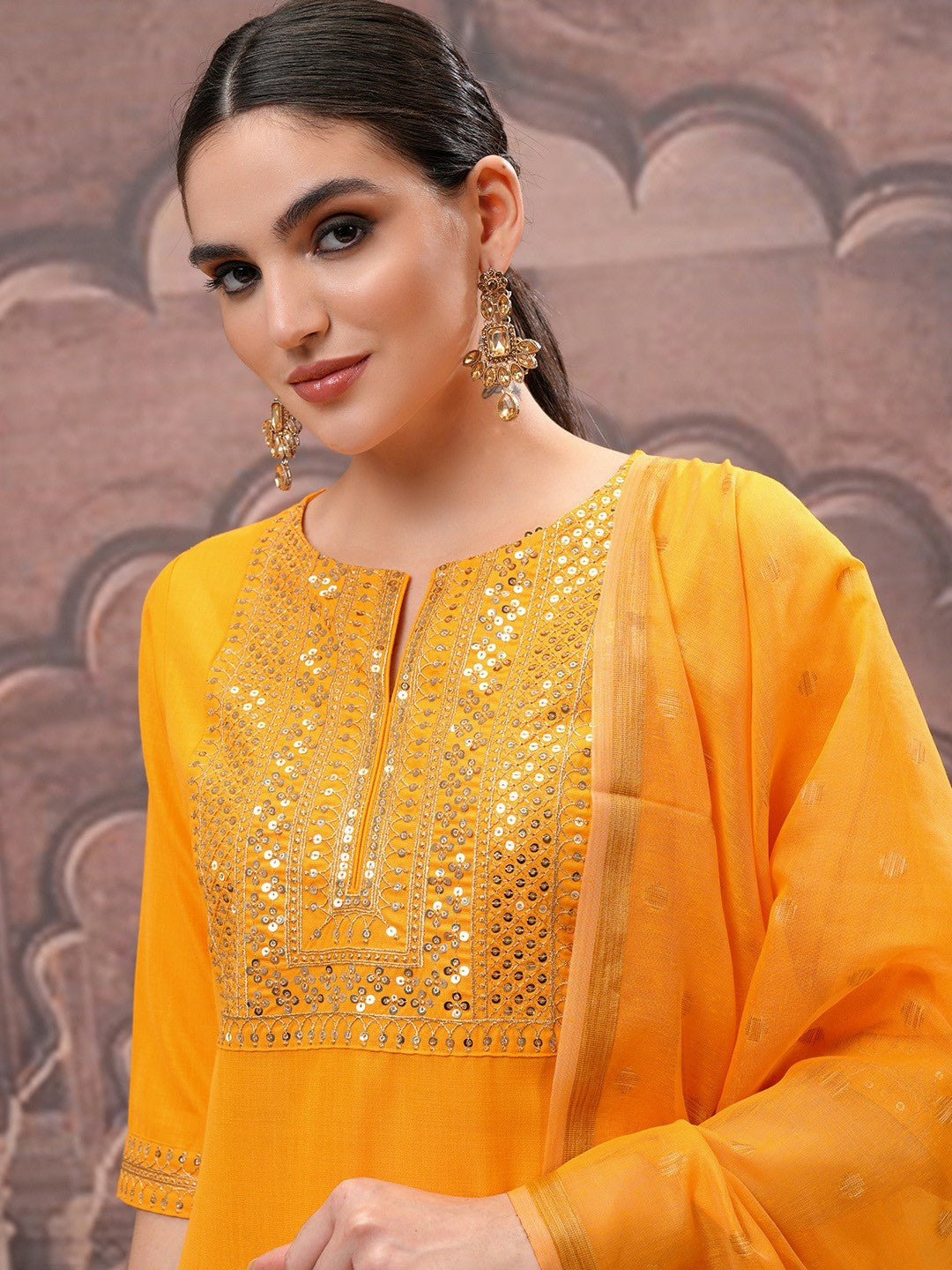 Buy Women Yellow Floral Embroidered Kurta with Palazzo & Dupatta - Mirror Work | IndiaIsta