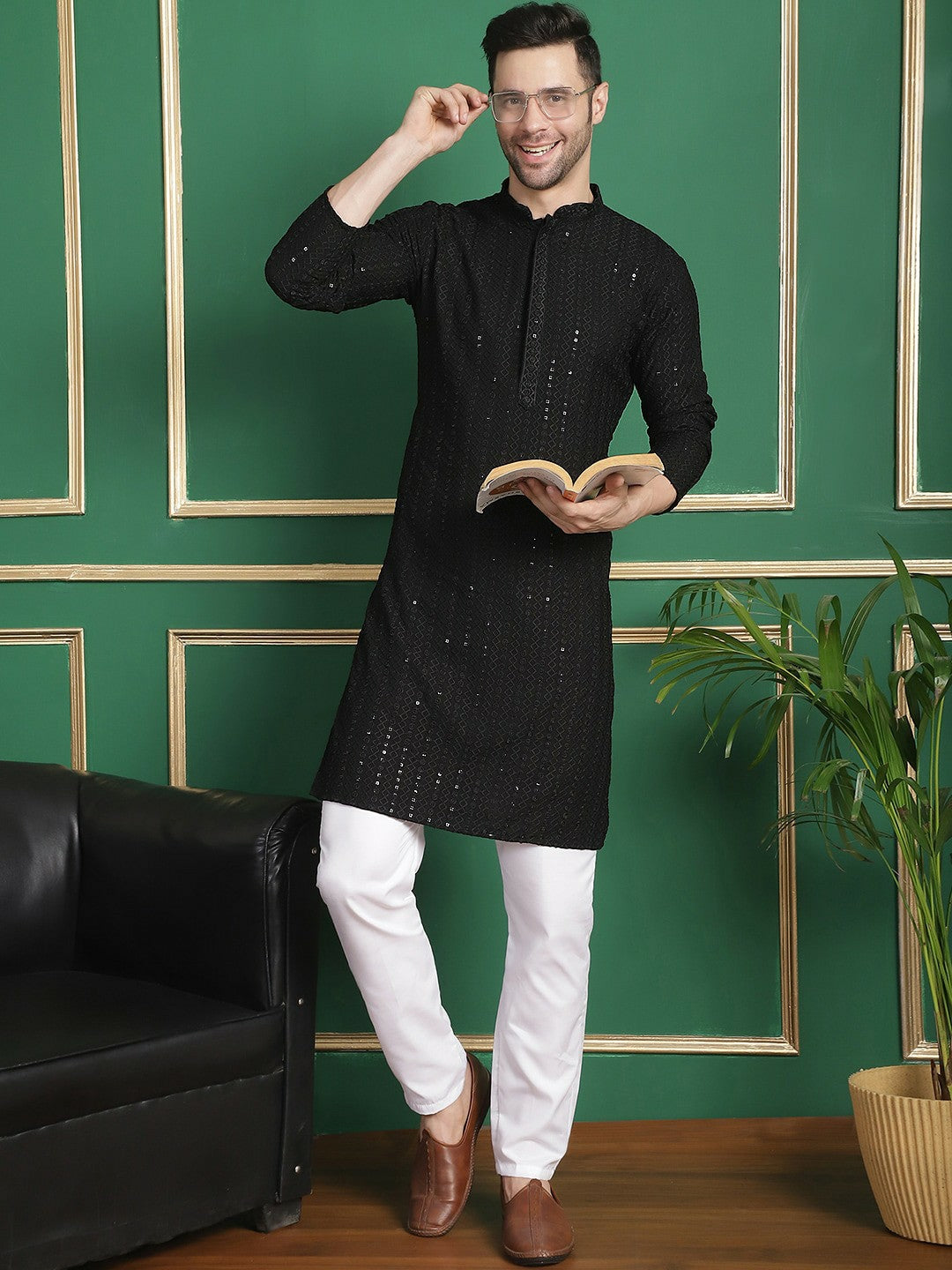 Buy Black Geometric Embroidered Kurta Set with Pyjamas for Men - Stylish and Comfortable | Indiaista.com