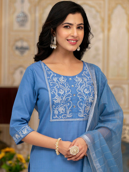 Blue Floral Embroidered Kurta with Palazzos & Dupatta | Women’s Thread Work Kurta Set – Indiaista