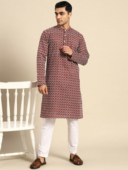 Buy Men’s Embroidered Chikankari Kurta Set – Maroon Kurta with Pyjamas | Indiaista