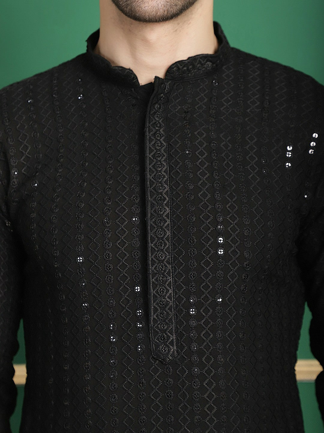 Buy Black Geometric Embroidered Kurta Set with Pyjamas for Men - Stylish and Comfortable | Indiaista.com