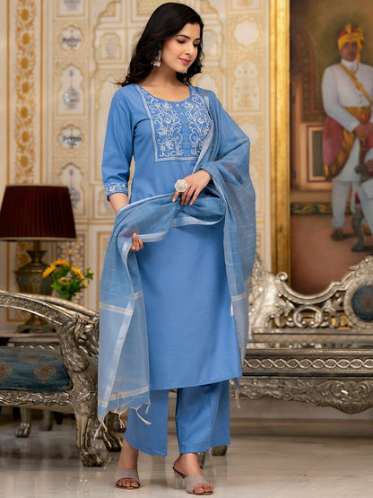 Blue Floral Embroidered Kurta with Palazzos & Dupatta | Women’s Thread Work Kurta Set – Indiaista