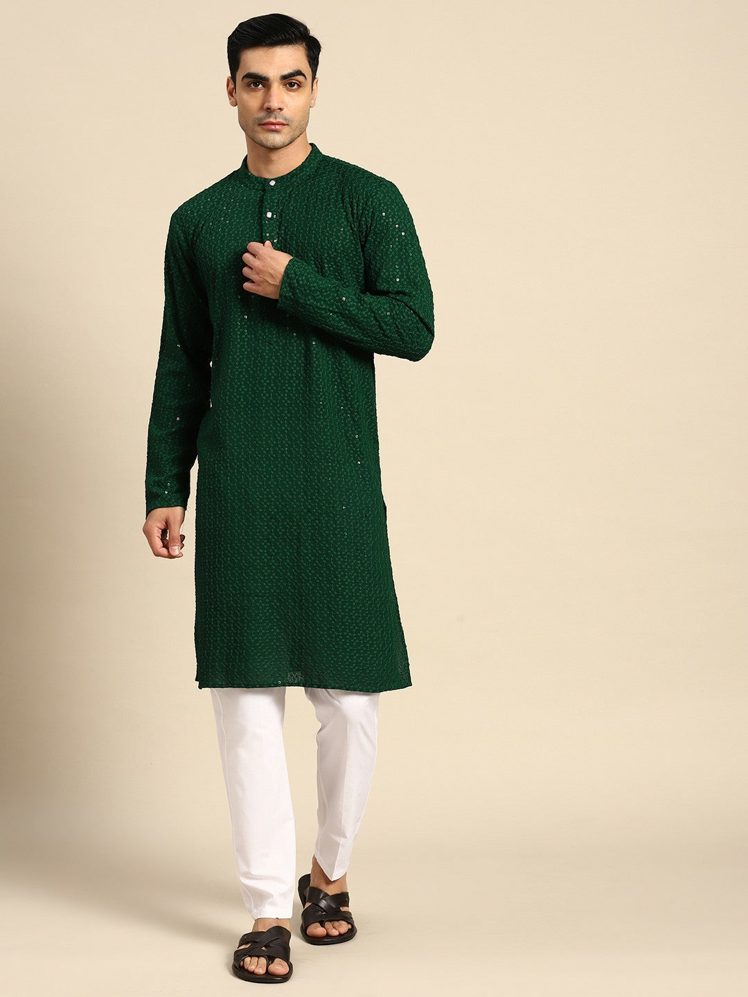 Men Floral Embroidered Sequinned Pure Cotton Kurta Set with Pyjamas – Green, Mandarin Collar