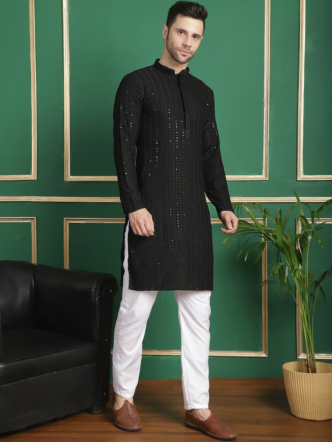 Buy Black Geometric Embroidered Kurta Set with Pyjamas for Men - Stylish and Comfortable | Indiaista.com