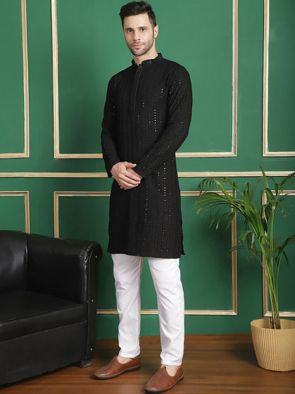 Buy Black Geometric Embroidered Kurta Set with Pyjamas for Men - Stylish and Comfortable | Indiaista.com