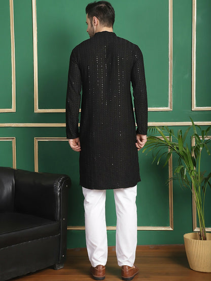 Buy Black Geometric Embroidered Kurta Set with Pyjamas for Men - Stylish and Comfortable | Indiaista.com