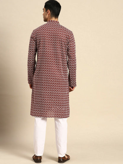 Buy Men’s Embroidered Chikankari Kurta Set – Maroon Kurta with Pyjamas | Indiaista