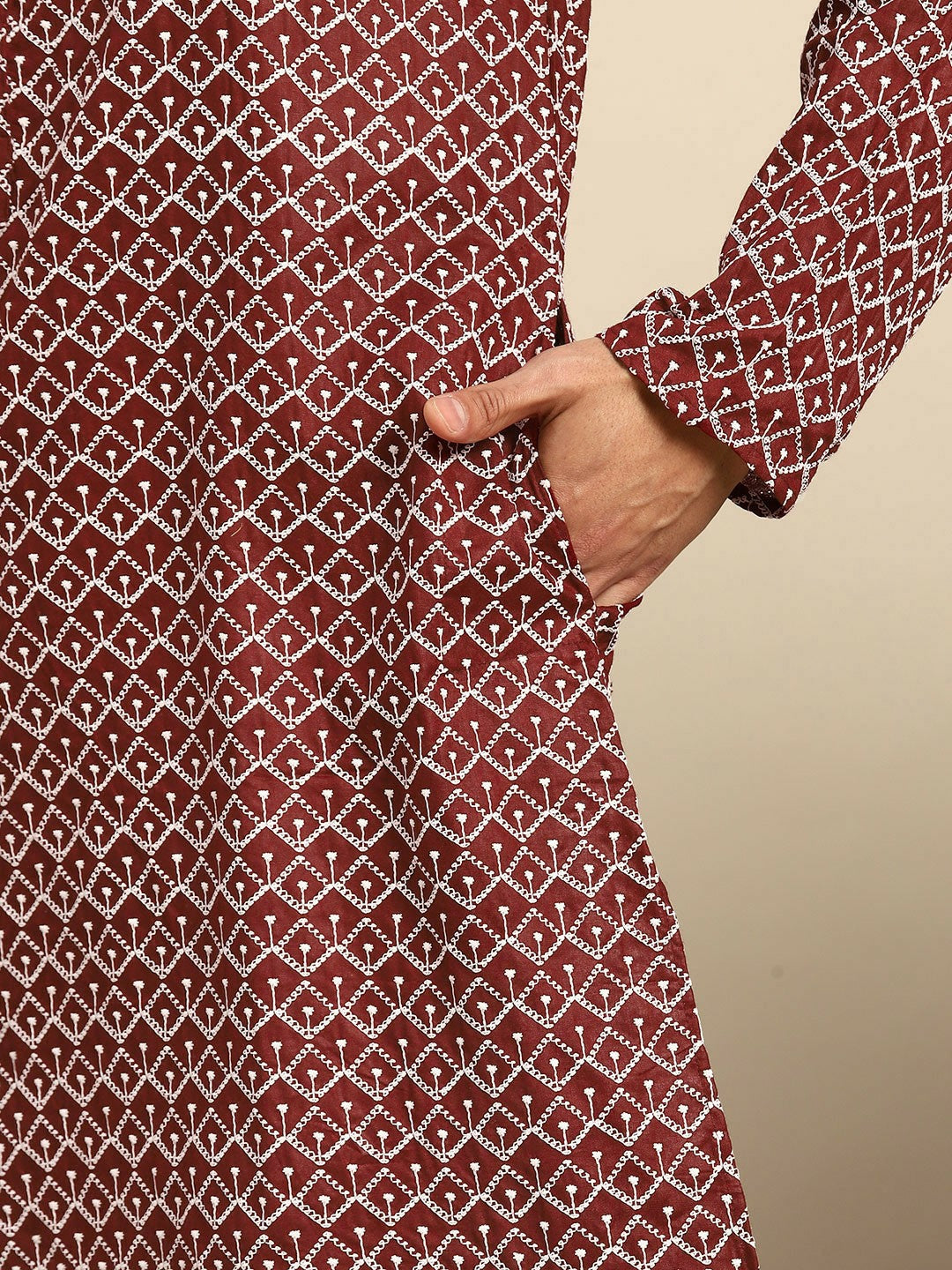 Buy Men’s Embroidered Chikankari Kurta Set – Maroon Kurta with Pyjamas | Indiaista