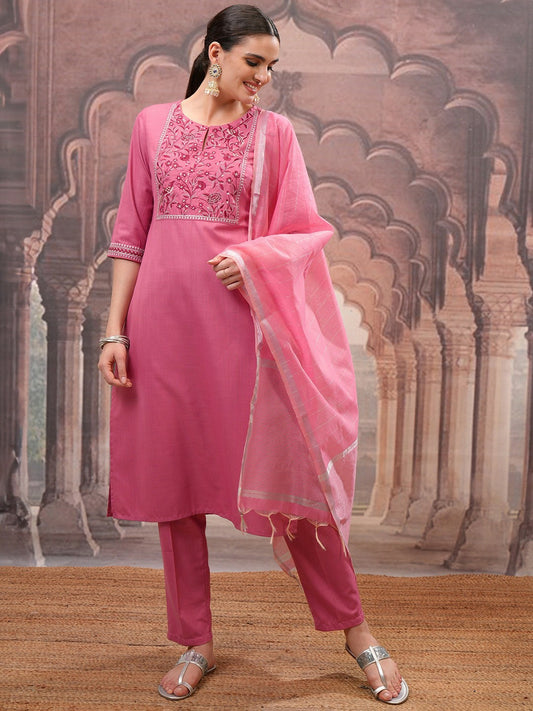 Rose Embroidered Kurta Set with Trouser & Dupatta - Elegant Women’s Outfit | Indiaista