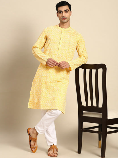 Buy Men’s Embroidered Chikankari Kurta Set - Yellow Kurta with Pyjamas | Indiaista