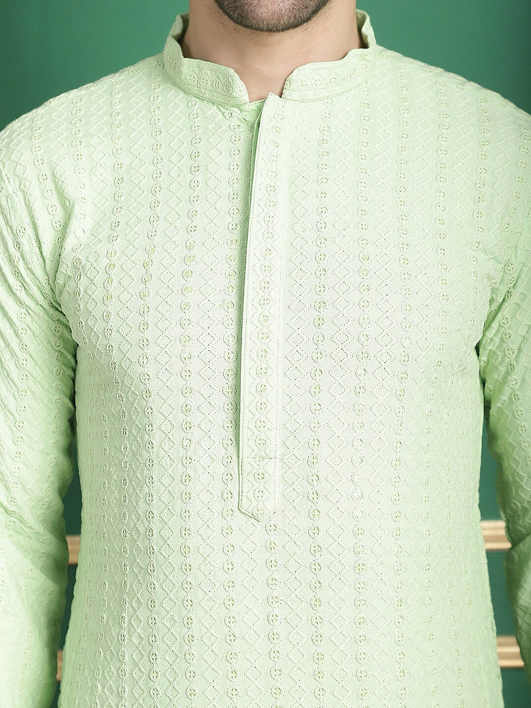 Green Embroidered Regular Thread Work Kurta with Pyjamas for Men | Indiaista