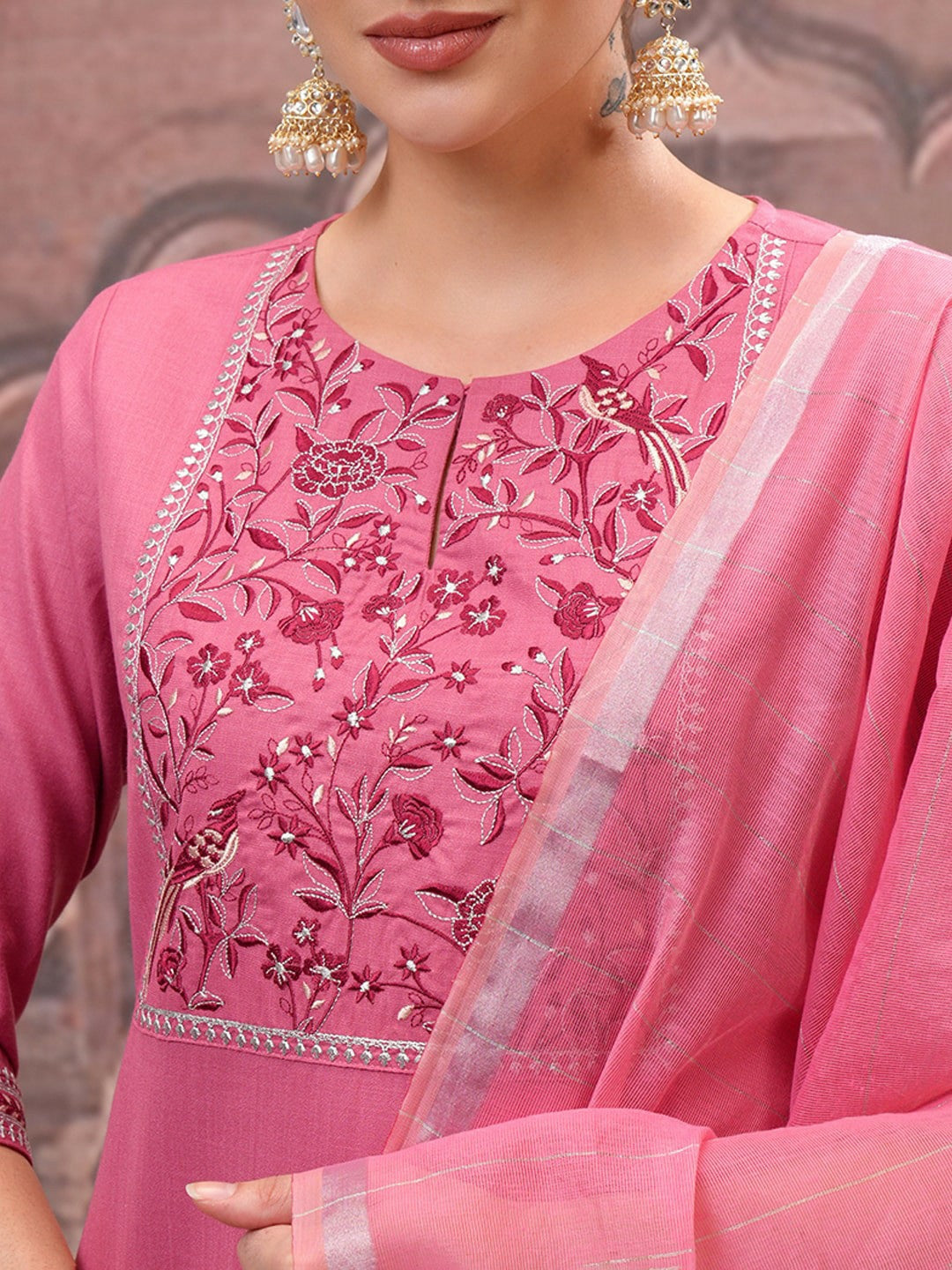 Rose Embroidered Kurta Set with Trouser & Dupatta - Elegant Women’s Outfit | Indiaista