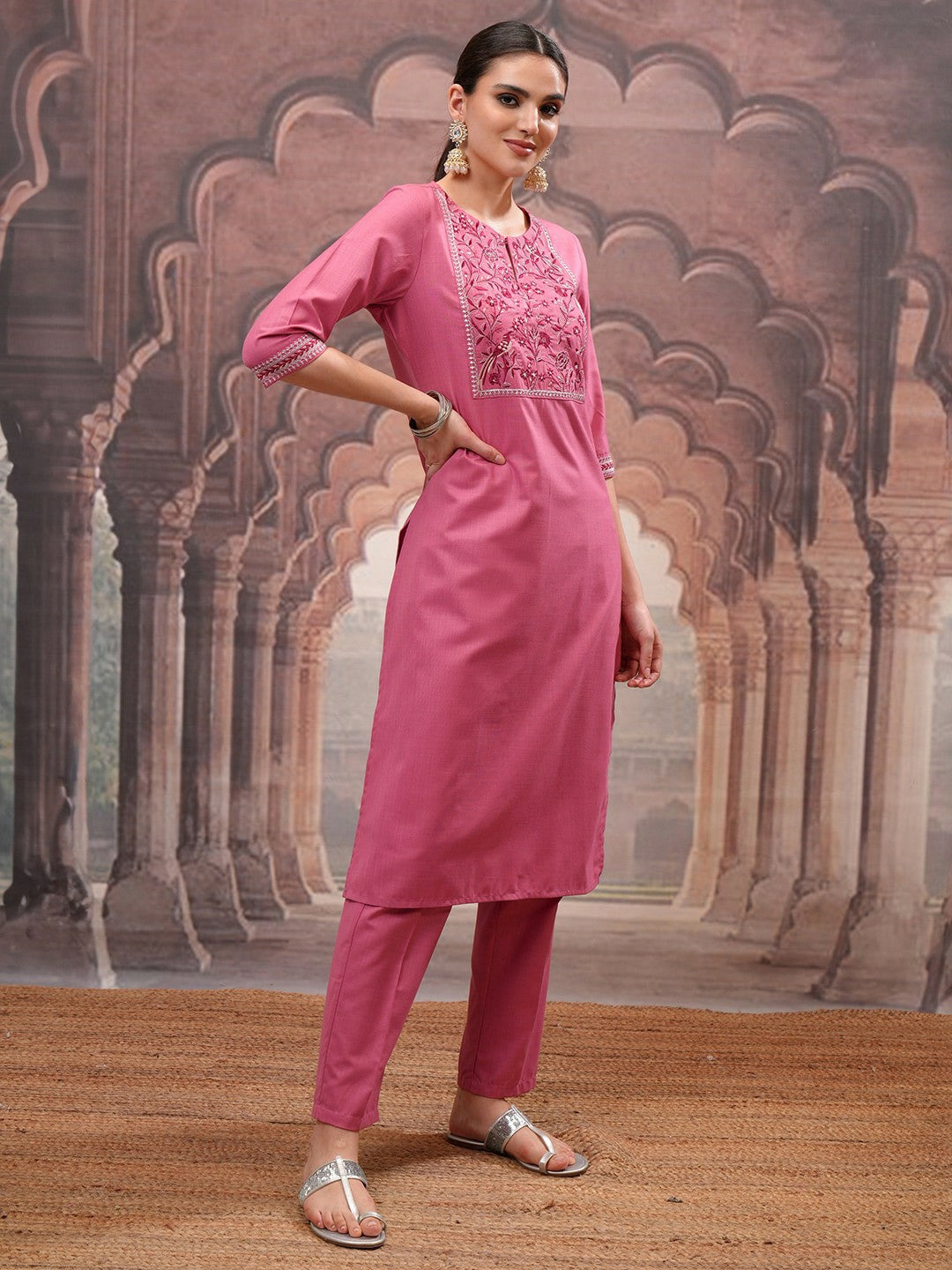 Rose Embroidered Kurta Set with Trouser & Dupatta - Elegant Women’s Outfit | Indiaista