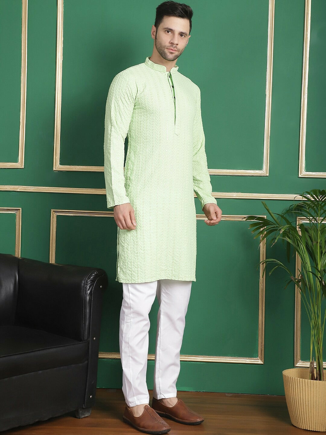 Green Embroidered Regular Thread Work Kurta with Pyjamas for Men | Indiaista